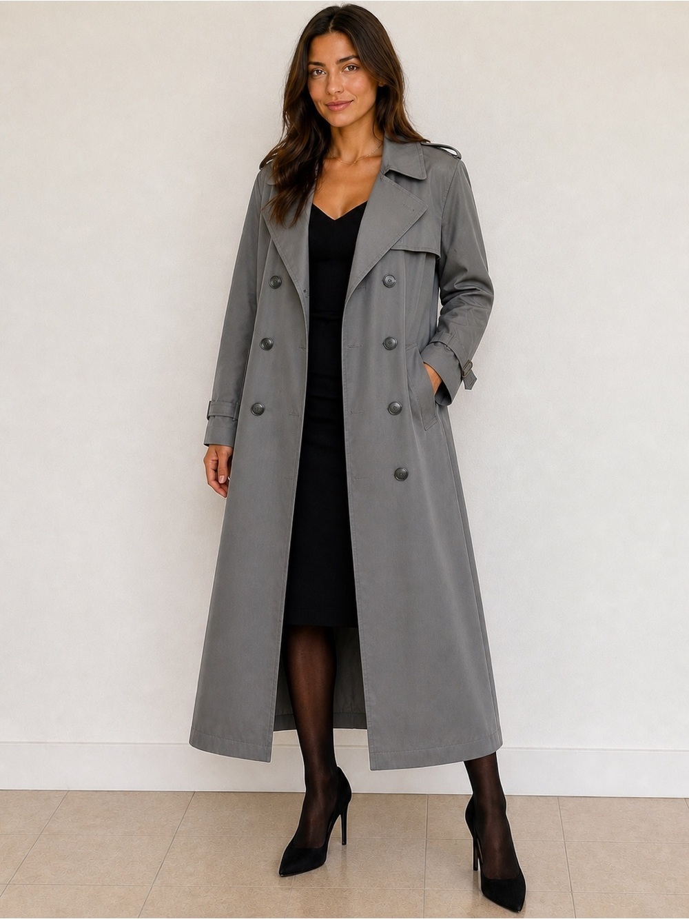 London Fog Gray Double-Breasted Full-Length Trench Coat
